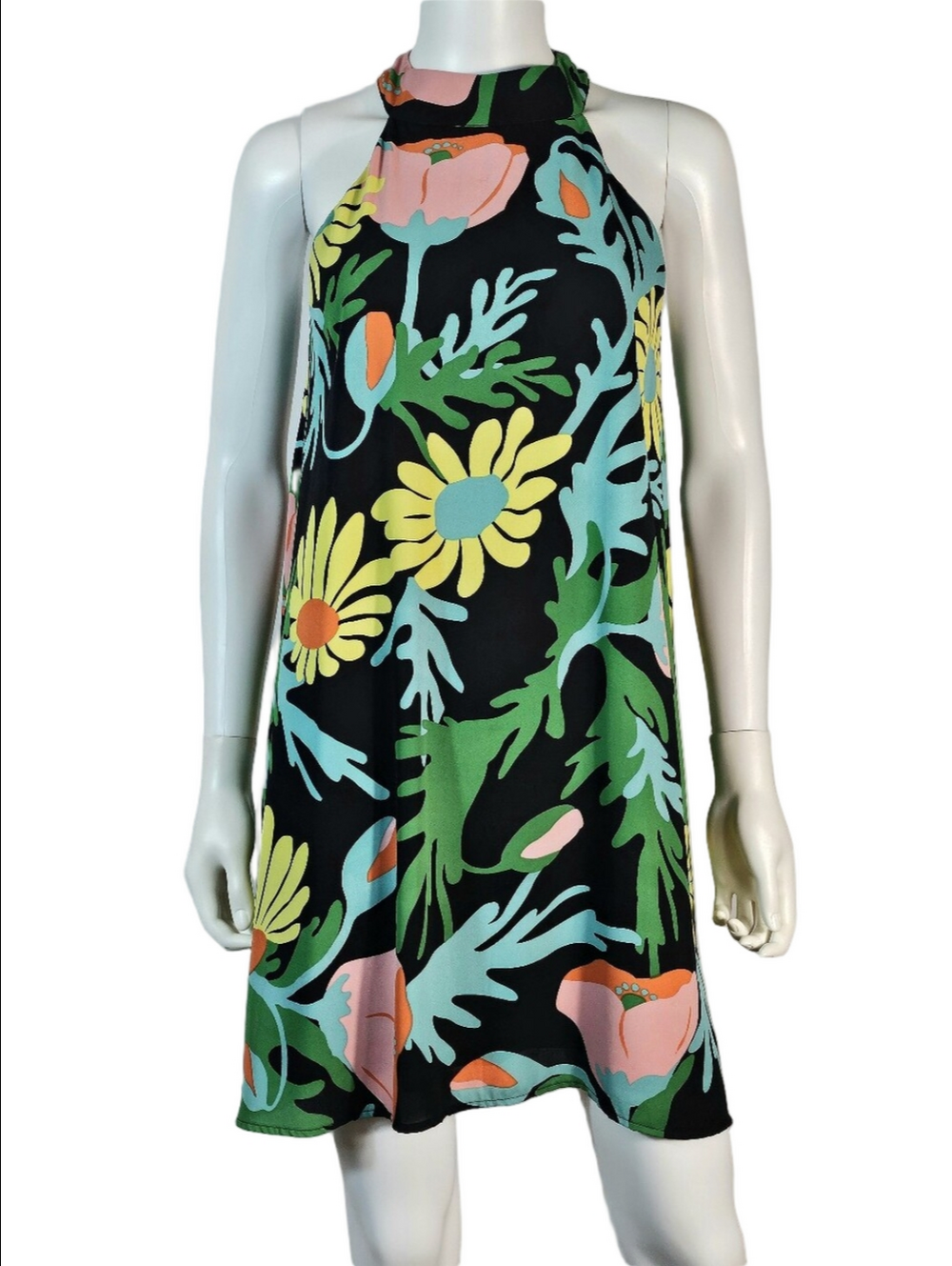 Judith March Bright Colorful Floral Halter Style Sleeveless Mini Swing Dress
